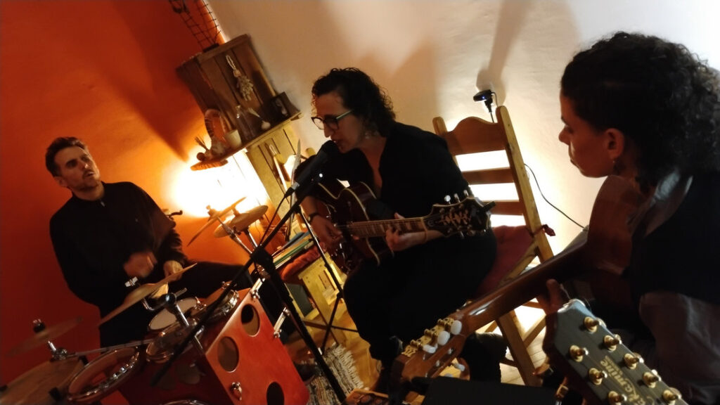 Viviana Ruiz guitarra y voz, Victoria Gutiérrez con guitarrón y Sebastián Pereira en batería